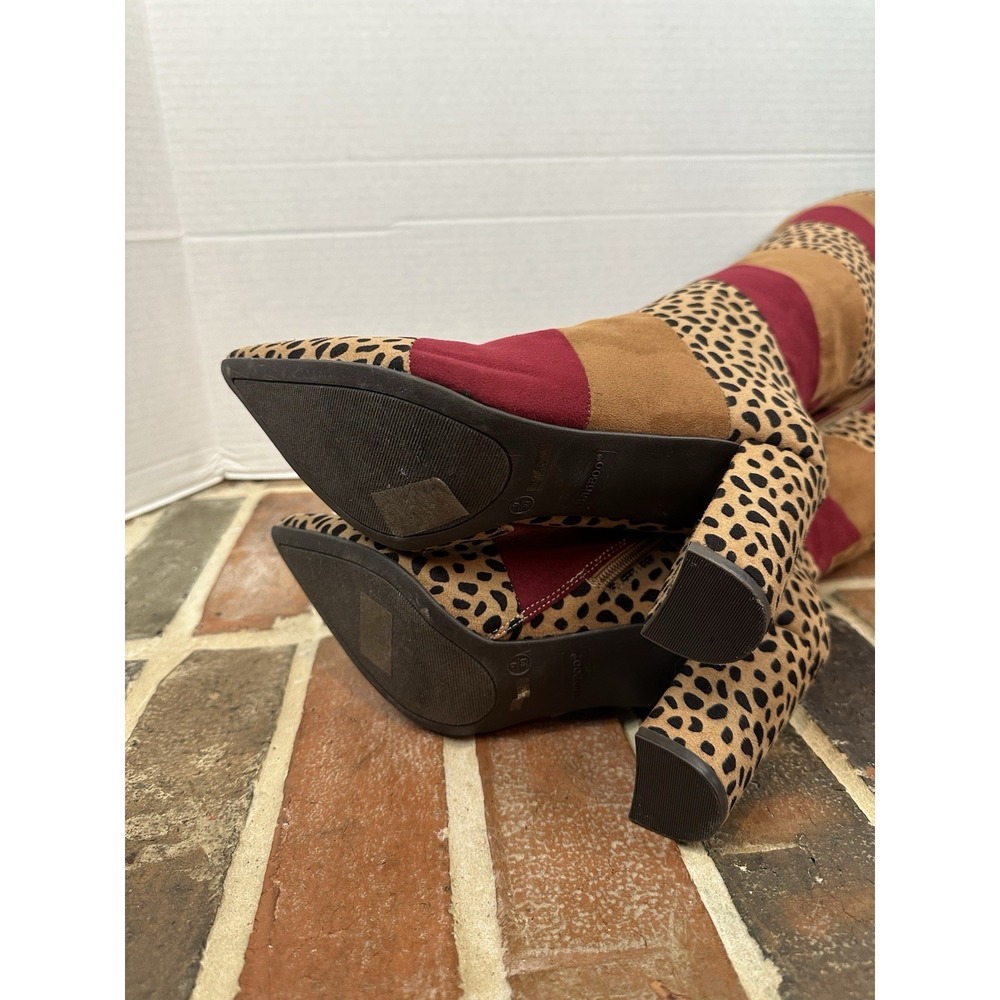 Bamboo Leopard Print Tall Boots Brown Burgundy High Heel Pointy Toe Women's 9 - Picture 6 of 7